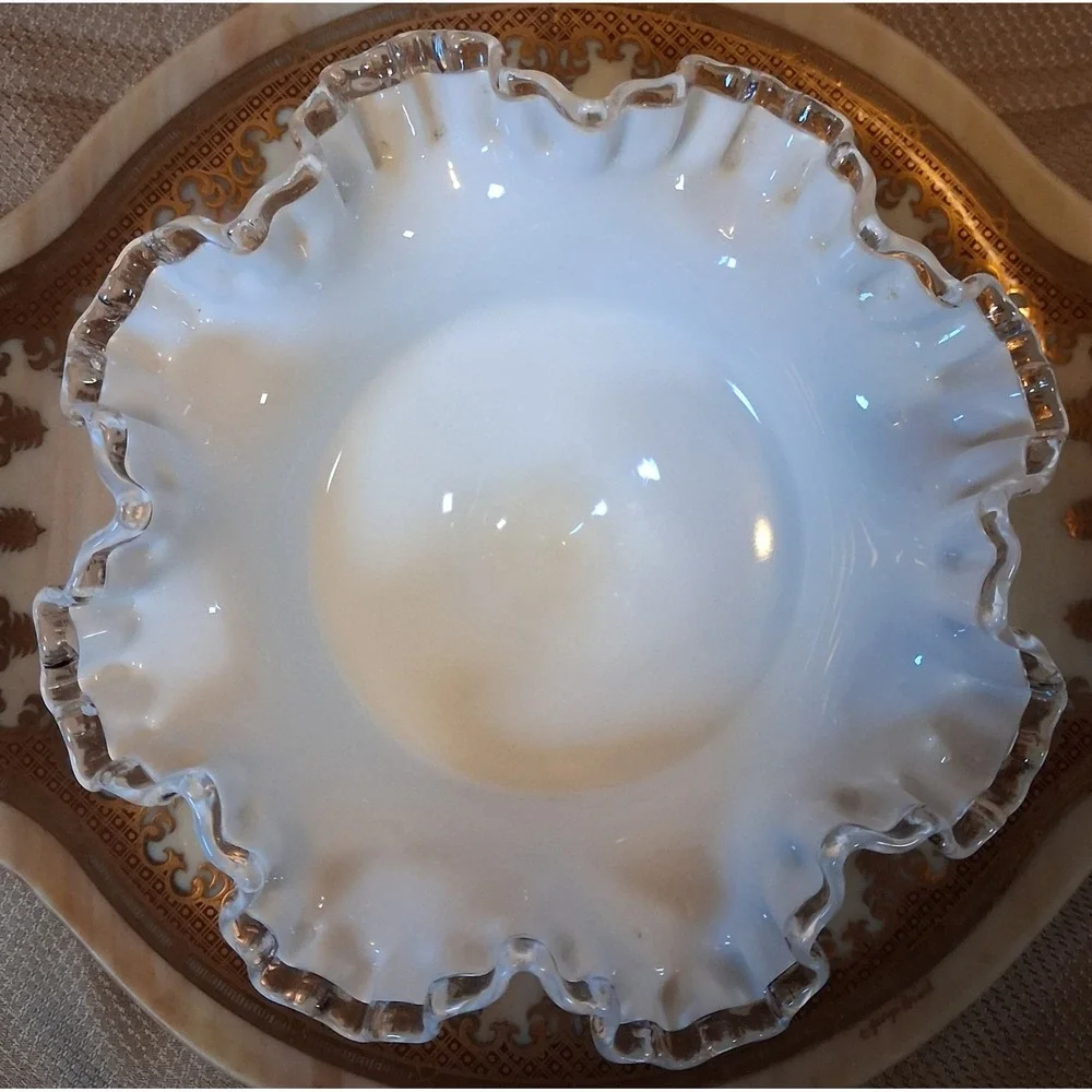 Fenton Silver Crest Milk Glass Compote Ruffled Edge Pedestal Candy Dish 8.5